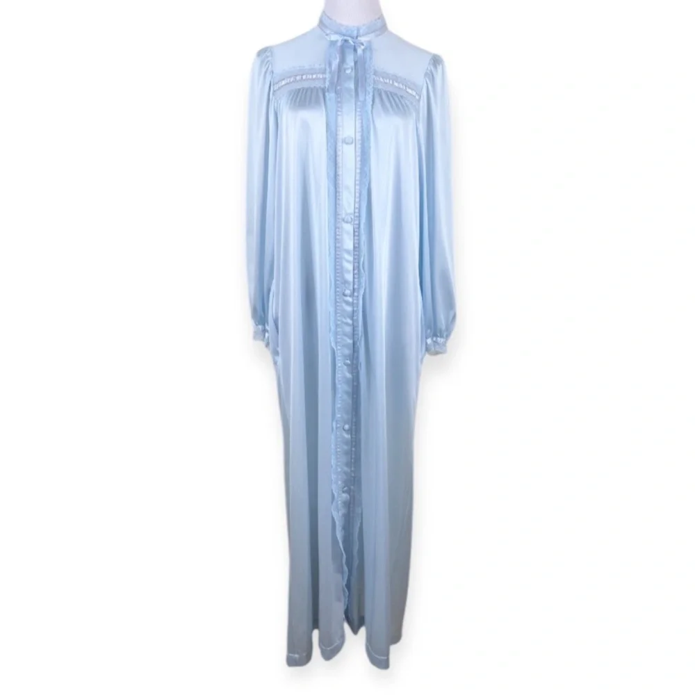 Miss Elaine Vintage 80’s Peignoir Robe Ribbon Lace Long Sleeve Blue S